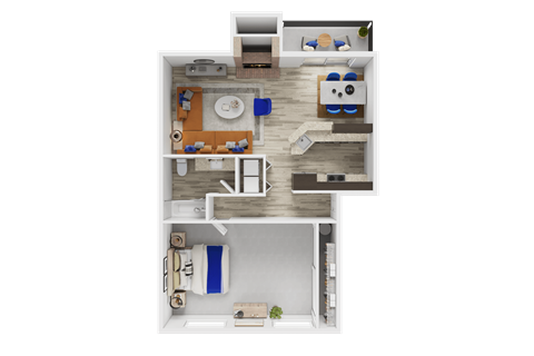 A 3D floor plan of a small apartment with a kitchen, living room, and bathroom.